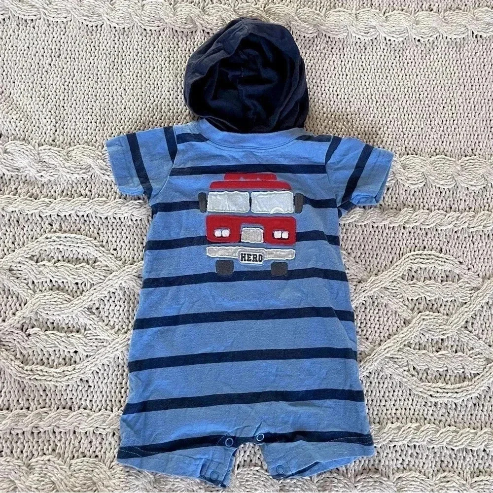 Carter’s 6-9 months blue striped short sleeve fire‎ truck hooded romper​